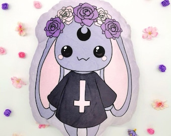 Pastel Goth Konijn Kussenhoes/Kussen, Decoratief Konijnenkussen, Pastel Goth Decoratie, Kawaii Konijn, Anime en Manga Stijl, Goth Stijl