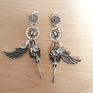 Steampunk wings skull ear clips / earrings