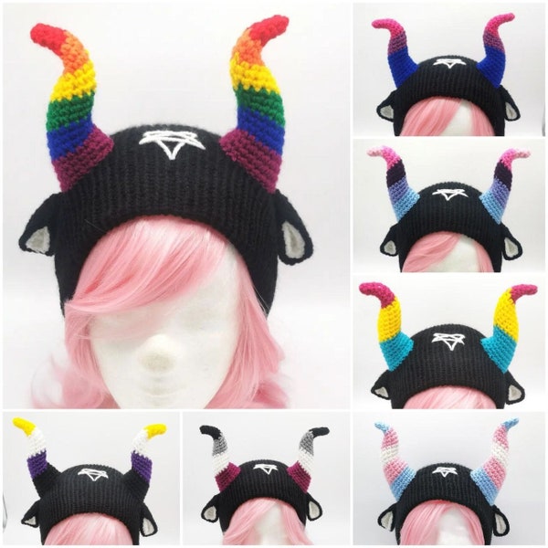 Pride Baphomet Beanie with horns, trans, non-binary, asexual, pan, lesbian, LGBTQ