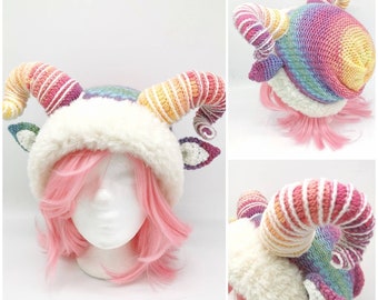 Rainbow Ram Horn Beanie, Aries, Krampus Mütze, Gothik Accessoires, Wintermütze, Hörner Mütze, Pastel Goth, Sternzeichen, Baphomet Beanie