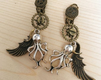 Steampunk Octopus Cthulhu Wing Earclips / Earrings