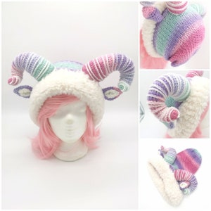 Ram Horn Beanie "Pastel Candyland", Aries, Krampus Hat, Gothic, Winter Hat, Pastel Goth, Devil Hat, Witchcraft, Baphomet Beanie