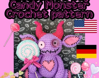 Valentine's Day Candy Monster Crochet Pattern, Monster Amigurumi, kawaii crochet, Valentine's Day gift, cute monster, pastel goth, goth diy