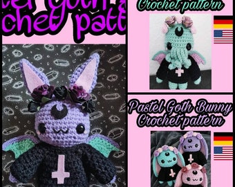 PASTEL GOTH SALE 3 crochet patterns, pastel goth cthulhu, bunny and bat crochet pattern, 3 crochet patterns, goth amigurumi, cute pattern