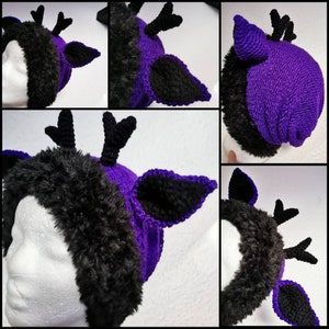 Puede incluir: Un sombrero morado y negro hecho a mano con un dise&ntilde;o de cuernos de ciervo. El sombrero presenta una corona morada tejida, un ribete de piel sint&eacute;tica negra y cuernos y orejas de ganchillo negros. El sombrero est&aacute; dise&ntilde;ado para ser usado.