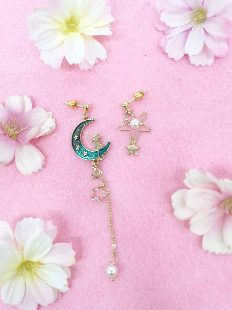 Moon Cat Earrings Teal