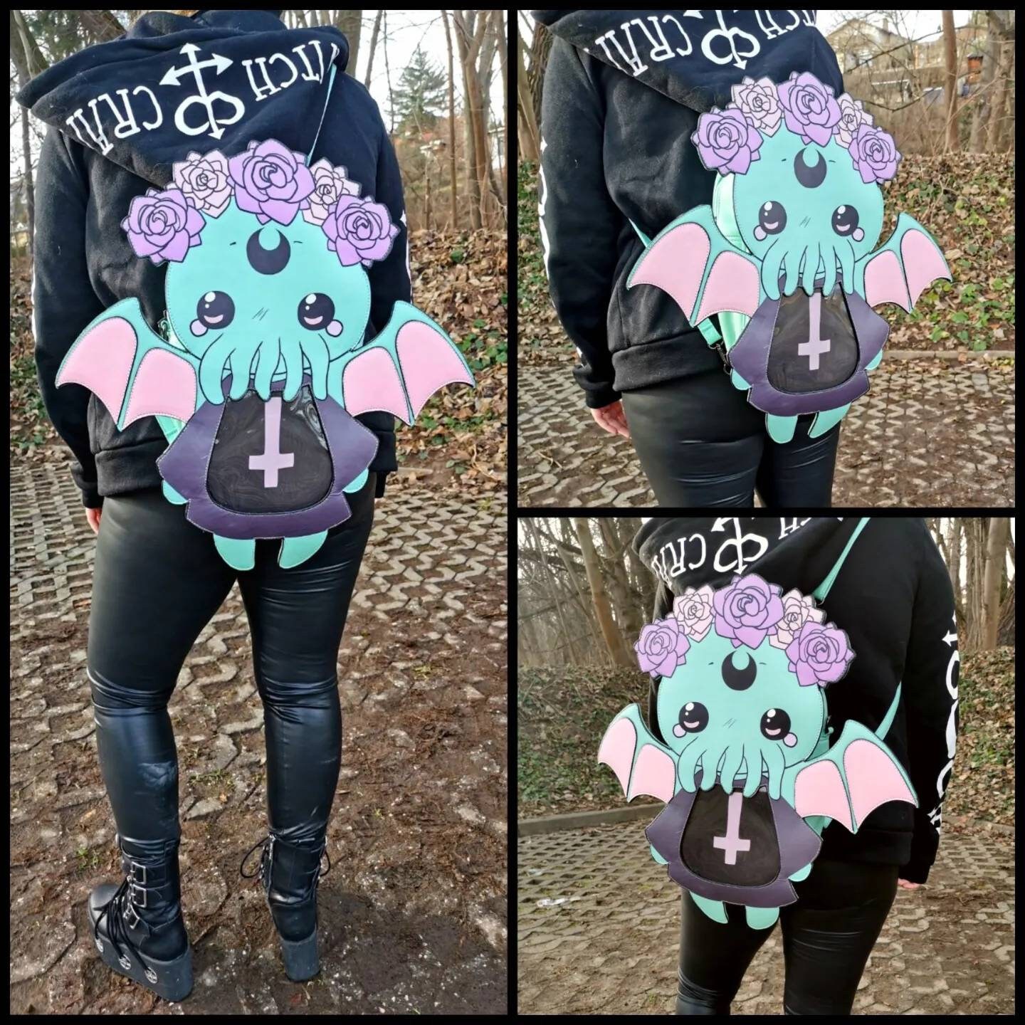 cthulhu inspired leather bags and backpacks Creepy Cute Backpack Green Polyester Old One Fashion Day Bag | 20 In. H X 12 In. W X 6.5 In. D, Faux Fur Exterior, Nylon Adjustable Straps, Zippered Pocket For those drawn to the mysteries of the void I made some fun leather