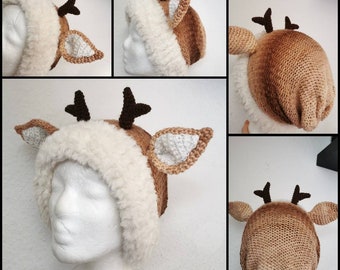 Knitted deer hat, fluffy earmuffs, warm winter clothing, advent season gift, roe deer beanie, bambi hat, christmas present, handy gift