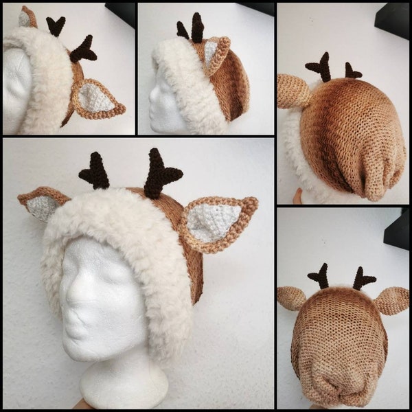 Knitted deer hat, fluffy earmuffs, warm winter clothing, advent season gift, roe deer beanie, bambi hat, christmas present, handy gift