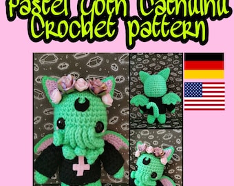 May include: A crochet pattern for a pastel goth Cthulhu amigurumi. The Cthulhu is green with a black and pink outfit, a flower crown, and a crescent moon on its head. The pattern is available in English and German.