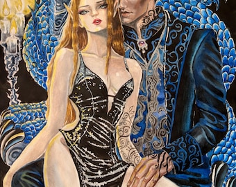 May include: Watercolor painting of two fantasy figures. A woman with long auburn hair wears a black dress with a high slit. A dark-haired man in a blue and black suit has tattoos. A blue dragon-like design is in the background.