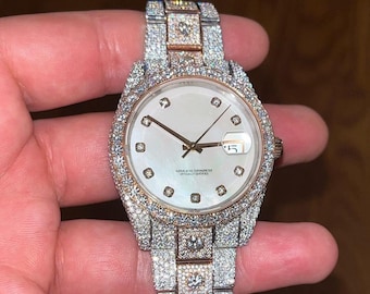 29 Ct Luxury Moissanite Diamond Watch, Hip-Hop Automatic Diamond Watch, Handcrafted Watch, VVS1 Moissanite Studded stainless steel belt