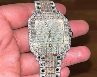 33 Ct VVS1 Moissanite Diamond Watch, Hip-Hop Diamond Watch, Automatic Moissanite Watch, Handcrafted Moissanite Scudded stainless steel belt