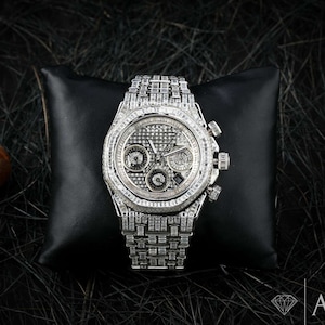 34 Ct VVS1 Moissanite Diamond Watch, Hip-Hop Diamond Watch, Automatic Moissanite Watch, Handcrafted Moissanite Scudded stainless steel belt