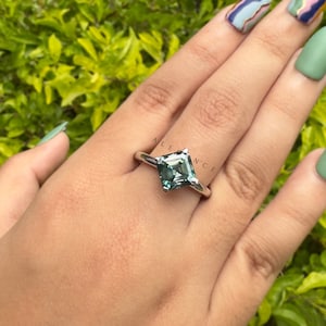 Greenish Blue Asscher Moissanite Solitaire Ring, Moissanite Engagement Ring For Her/Him, Asscher Cut Flat Prong Set White Gold Ring