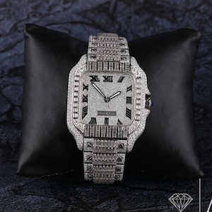 33CT Baguette Cut Moissanite Watches, Brilliant Cut VVS1 Moissanite Watch, Hip Hop Watches, Automatic Diamond Watches For Christmas Gifts