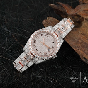 Dual Tone VVS1 D Moissanite Watch, Hip Hop Watches, Baguette Cut Moissanite Watches, Automatic Fully Iced Out Diamond Watch Christmas Gift