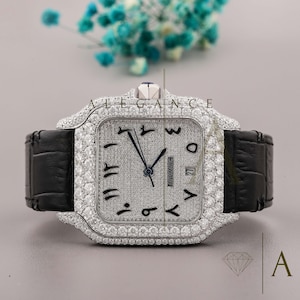 VVS Moissanite Watch, Hip-Hop Diamond Watch, Handcrafted Moissanite Watch, Automatic Movement Diamond Watch, Luxury Arabic Dial Watch