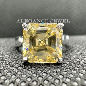 Mesmerizing Engagement Ring Crafted With Yellow Asscher Solitaire Moissanite Diamond in Silver/Gold - Perfect Gift for Anniversary, Birthday