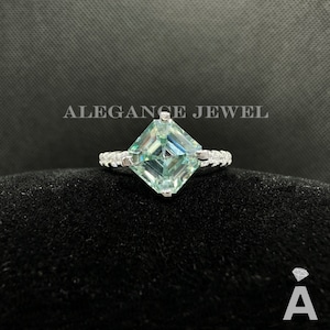 Exceptional Engagement Ring: Ice Blue Asscher Moissanite Diamond Handcrafted With Sparkling Accents In Silver/Gold-For Special Occasion