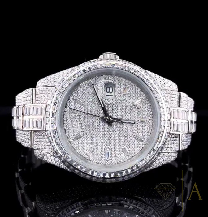 34 Ct VVS1 Moissanite Watch, Hip-Hop Diamond Watch, Automatic Moissanite Watch, Handcrafted Moissanite Studded stainless steel belt