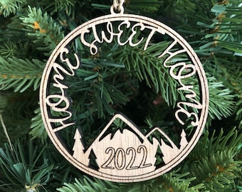 Home Sweet Home Personalized Mountain Christmas - Wood- Ornament - Year - Name