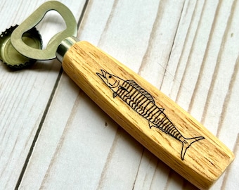 Personalized Fishing Bottle Opener Custom Engraved Wood Saltwater Marlin Dolphin Wahoo Snapper Stocking Stuffer Fathers Day Gift Wahoo Fish