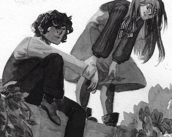 May include: A black and white watercolor illustration depicts two figures on a brick wall, surrounded by foliage. One figure sits, the other leans over. The artwork has a soft, painterly style, with subtle shading and detail.