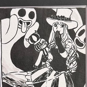 May include: Black and white illustration of a character in a hat and dress, holding a staff, with ghost-like figures in the background. The artwork is framed in black.
