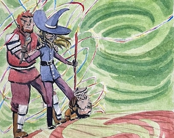 May include: Watercolor artwork of two figures in a fantasy setting, framed in black. One figure wears red and the other blue, both with hats. The background features green swirls and colorful lines, with a red and green patterned foreground.
