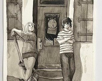 May include: Black and white ink illustration of two people standing outside a building with the text "MIDDAY'S CAFE" on the door. The artwork is framed with a white mat and black frame.