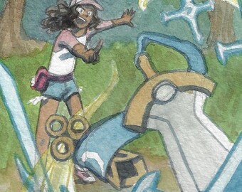 May include: Watercolor illustration of a person in a cap and shorts, seemingly interacting with stylized swords and a creature. The artwork features a vibrant color palette with blues, yellows, and greens, set against a natural backdrop.