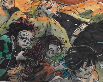 May include: Watercolor illustration of characters from the anime series Demon Slayer. The artwork features several characters in various poses, with a focus on their facial expressions and clothing details. The color palette includes shades of black, green, yellow, and brown.