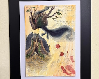 May include: Watercolor artwork of a tree-like creature with text, framed in black. The artwork features a tree with a face and text that reads "Where do they come from?" and "Do Not Approach". The artwork is on a cream-colored background.