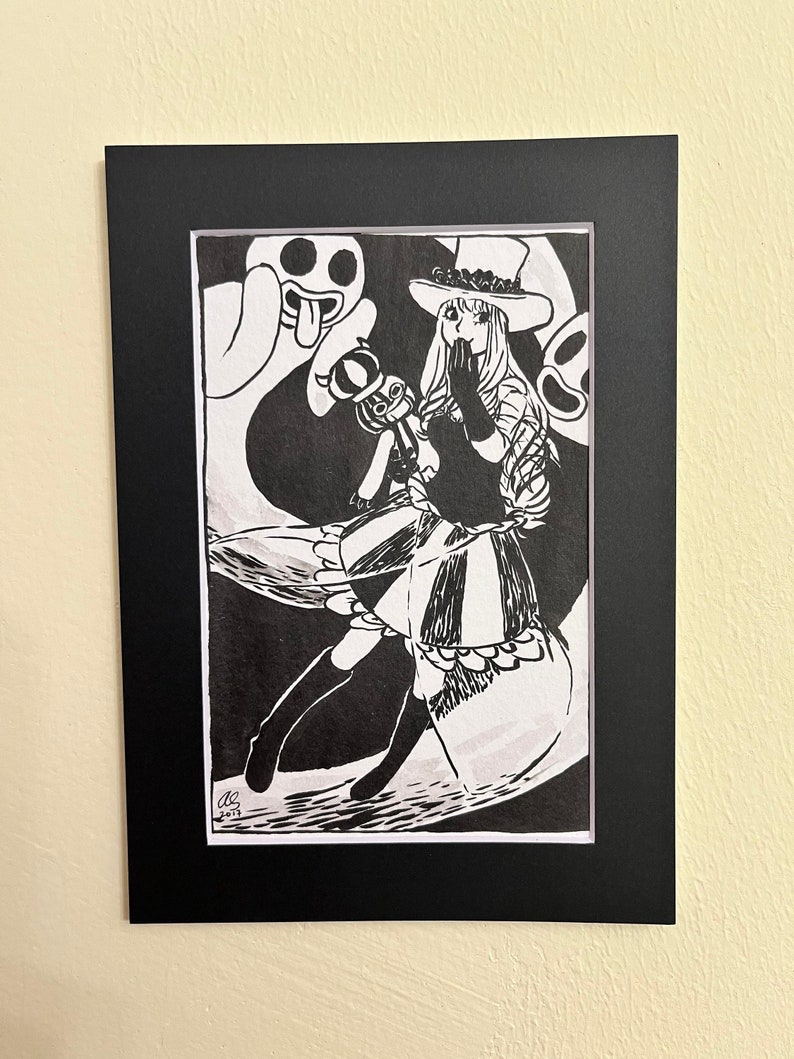 May include: Black and white illustration of a character in a hat and dress, holding a staff, with ghost-like figures in the background. The artwork is framed in black.