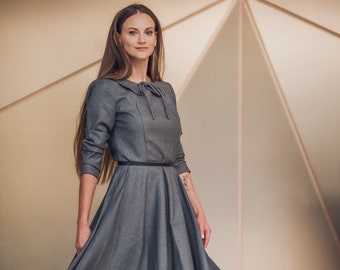 Peter Pan collar wool dress with pockets, Elegant and sophisticated office dress, Chic grey wool dress for everyday