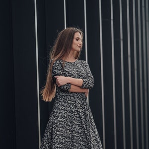 Viscose flower print dress with pockets, Fit and flare spring dress women, Everyday long sleeve midi dress