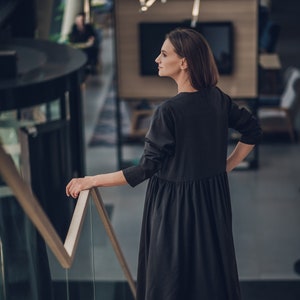 Full length wool dress, Winter maxi dress for office, Casual black dress, Long tunic dress with pockets