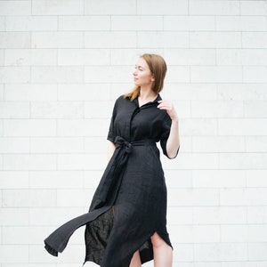 Black linen dress with pockets, Plus size loose fit dress, Linen maxi dress, Simple shirtdress image 1