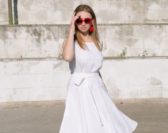 White linen dress with pockets, Sleeveless linen dress with belt, Vintage style linen shift dress