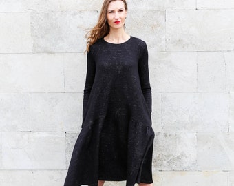 Long Sleeve Midi Dress With Pockets, Black Wool Trapeze Dress, Elegant Loose Winter Dress