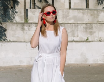 Linnen trouwjurk met zakken, strand bruiloft witte linnen jurk, minimalistische linnen zomerjurk