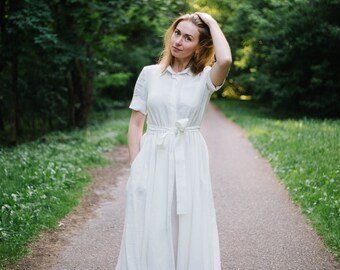 Linen midi dress, White midi dress, Linen shirtdress, Capsule wardrobe, Long summer dress