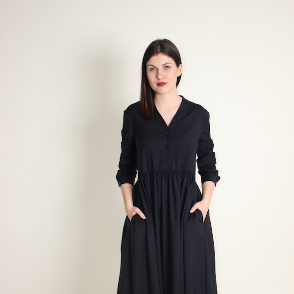 Elegant wool maxi dress, Long wool dress, Everyday dress with pockets