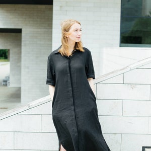 Black linen dress with pockets, Plus size loose fit dress, Linen maxi dress, Simple shirtdress image 5