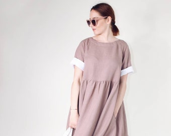 Summer smock linen dress, Casual summer midi dress, Everyday dress with pockets