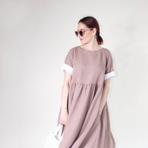 Summer smock linen dress, Casual summer midi dress, Everyday dress with pockets image 1