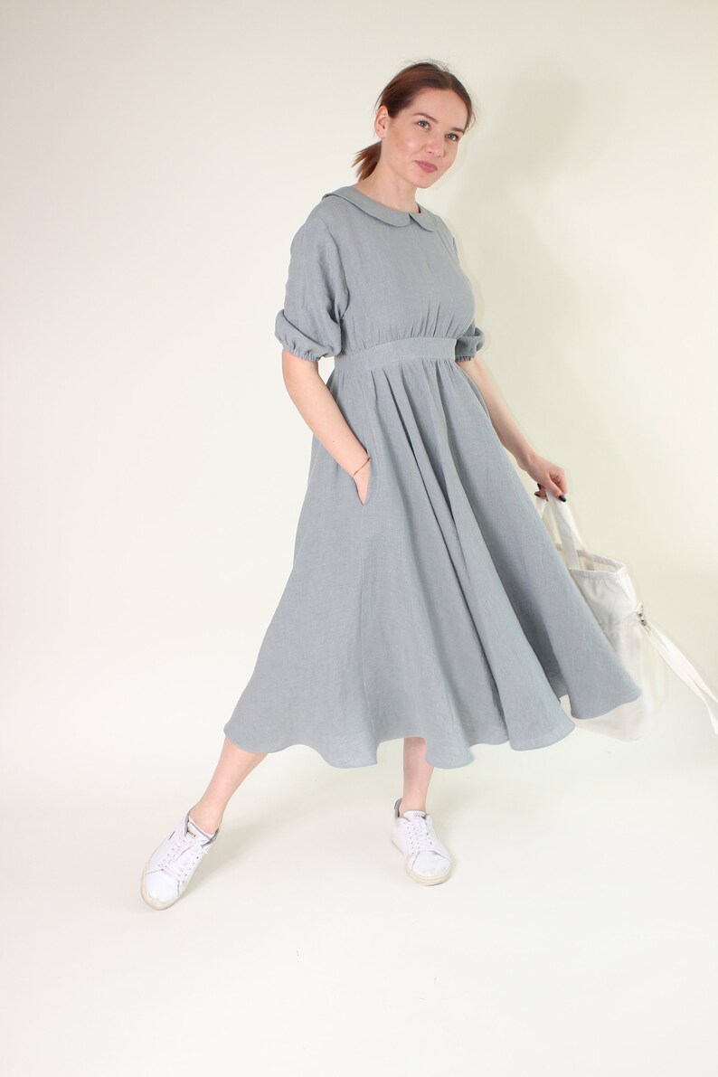 Dusty Blue Empire Waist Dress, Peter Pen Collar Linen Summer Dress With