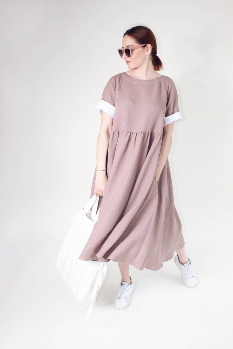 Summer smock linen dress, Casual summer midi dress, Everyday dress with pockets image 1