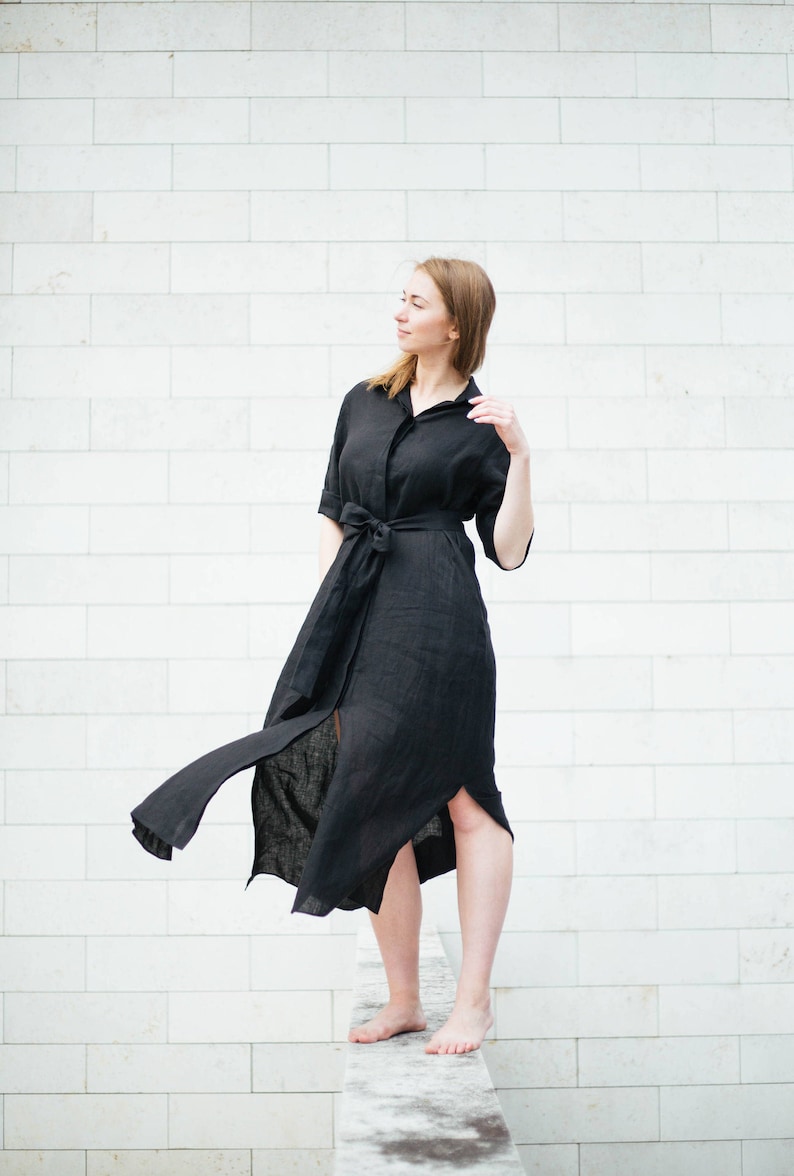 Black linen dress with pockets, Plus size loose fit dress, Linen maxi dress, Simple shirtdress image 1